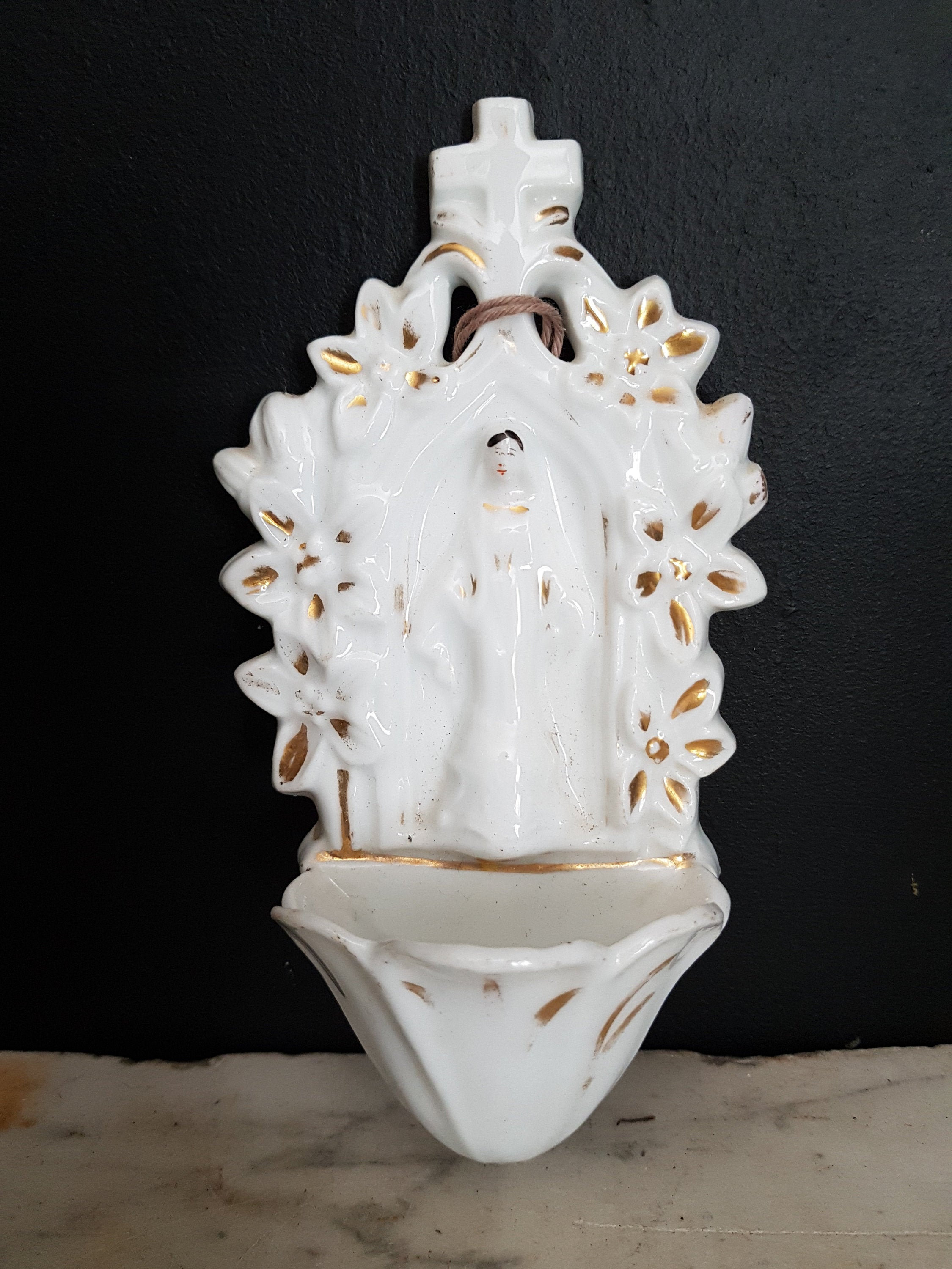 Français Porcelaine Antique Police d'eau Bénite, Stoup Catholique