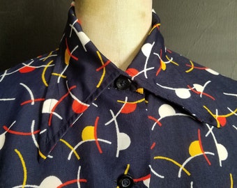 Robe bleue vintage des années 1970 à motif géométrique