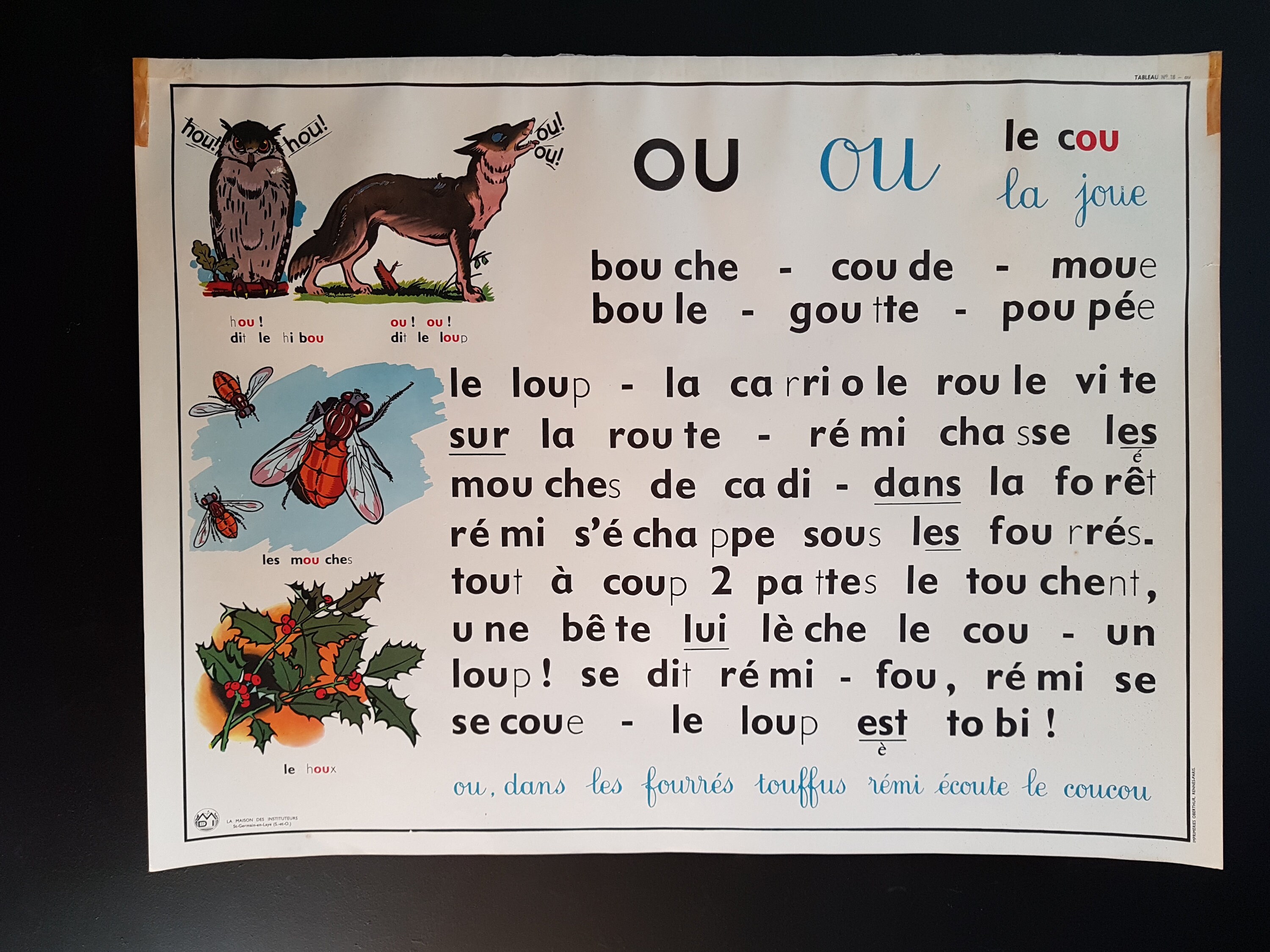 Affiche Vintage Français École. Mdi. Tableau de Lecture. Illustrations Vintage