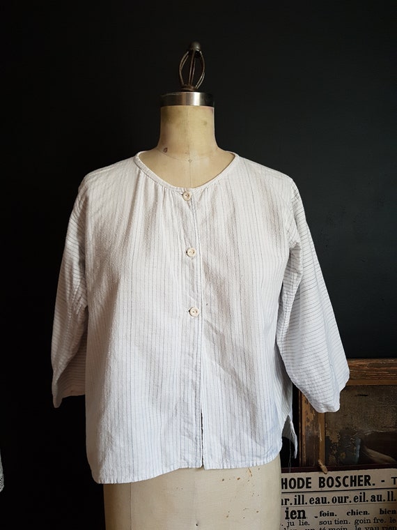 French Antique Flannel Blouse Bed Jacket White and Blue Stripy