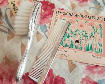 Antique French christening gift set or birth present with brush and comb