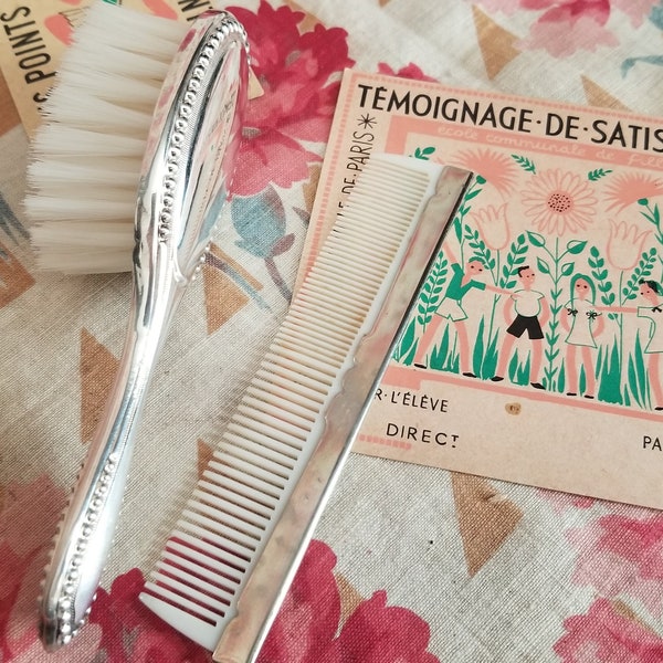 Antique French christening gift set or birth present with brush and comb