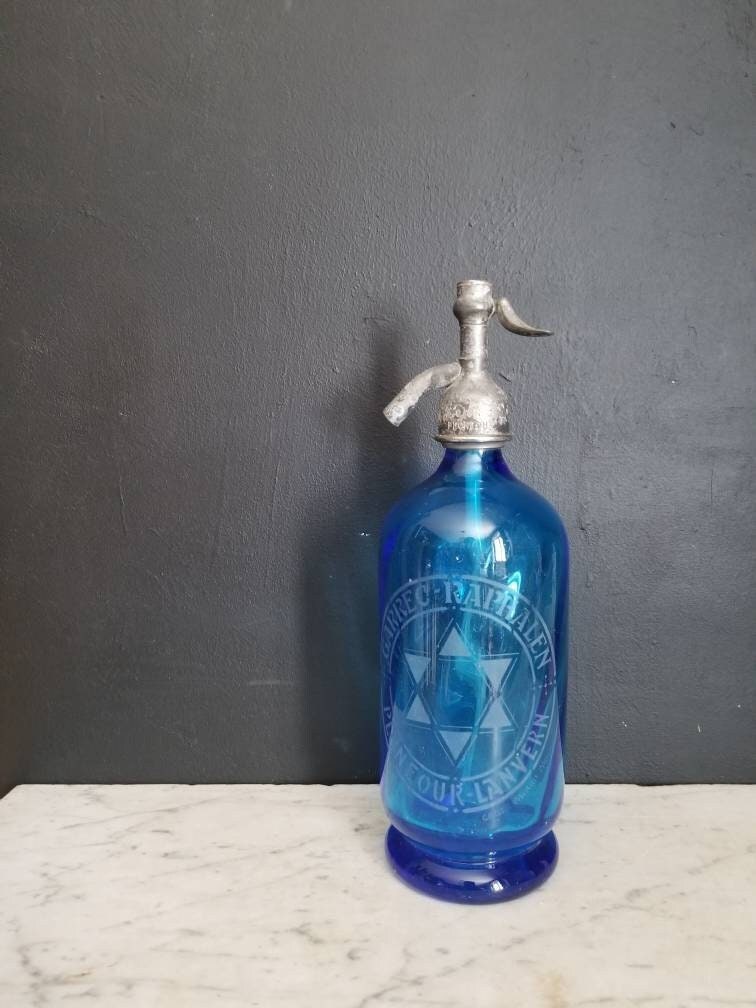 Français Siphon à Soda Antique. Bouteille Seltzer. Verre Bleu. Barware Rétro