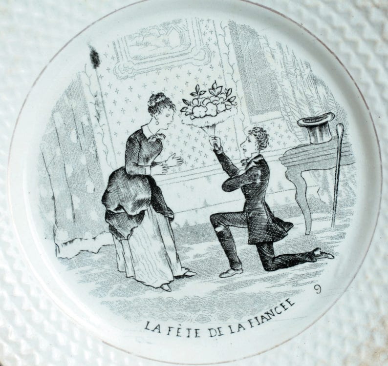 Engagement Transferware Fianc\u00e9e Faience Jemappes Belgium Antique plate wedding