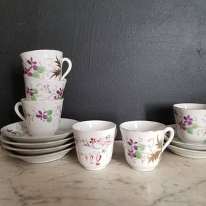 French antique set of 6 hand painted coffee cups and saucers.