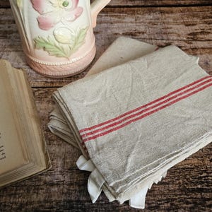 Set of 2 antique French linen dish or tea towel with red stripes