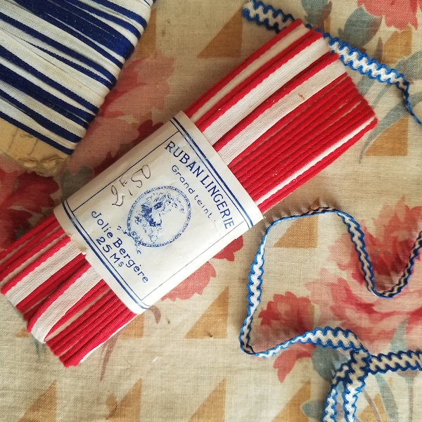 French antique red and white ribbon Jolie Bergère 25 meters