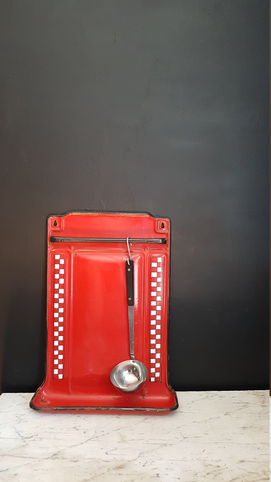 French Vintage Enamel Kitchen Ustensil Rack. Red and White Check