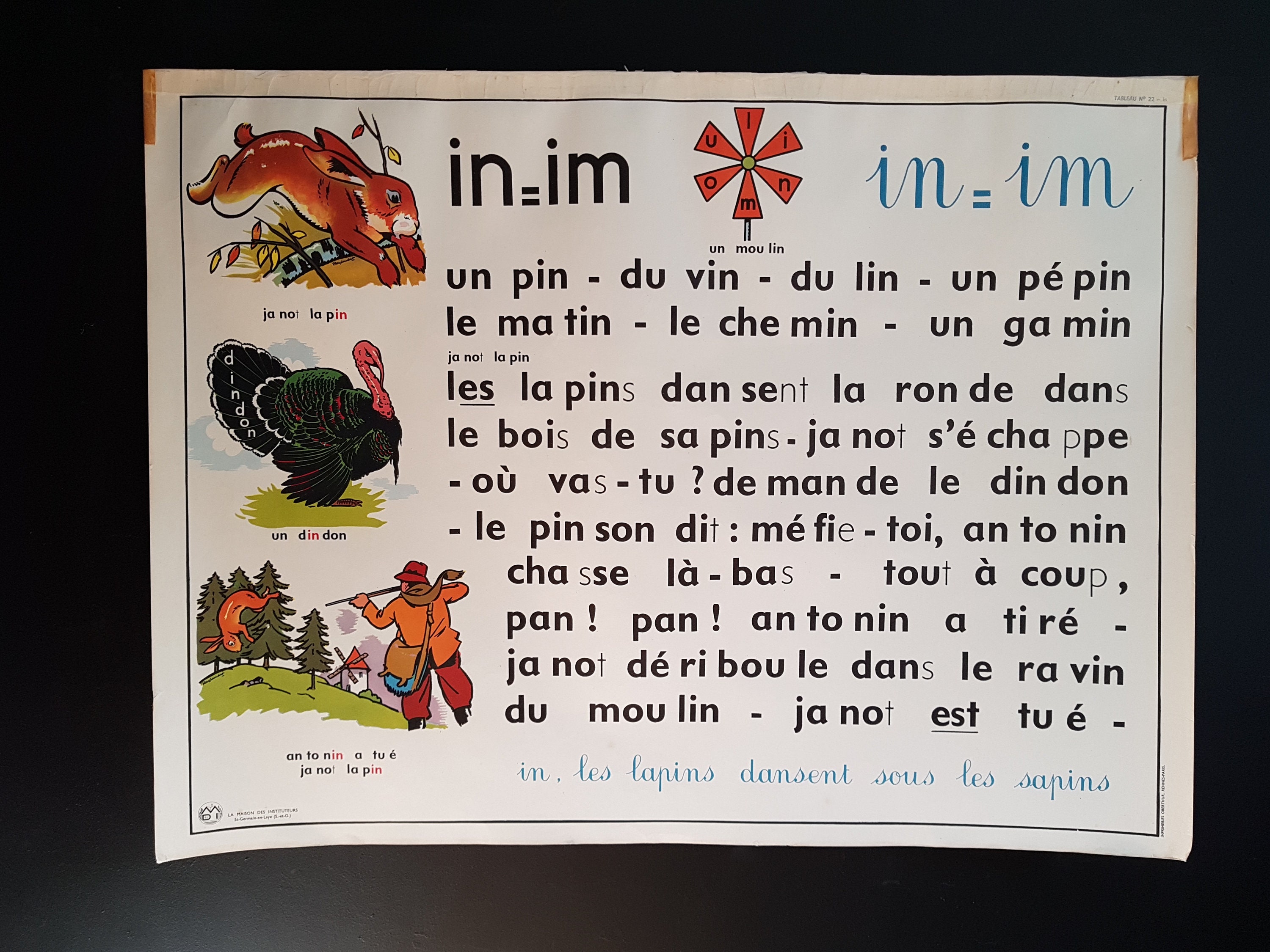 Affiche Vintage Français École. Mdi. Tableau de Lecture. Illustrations Vintage