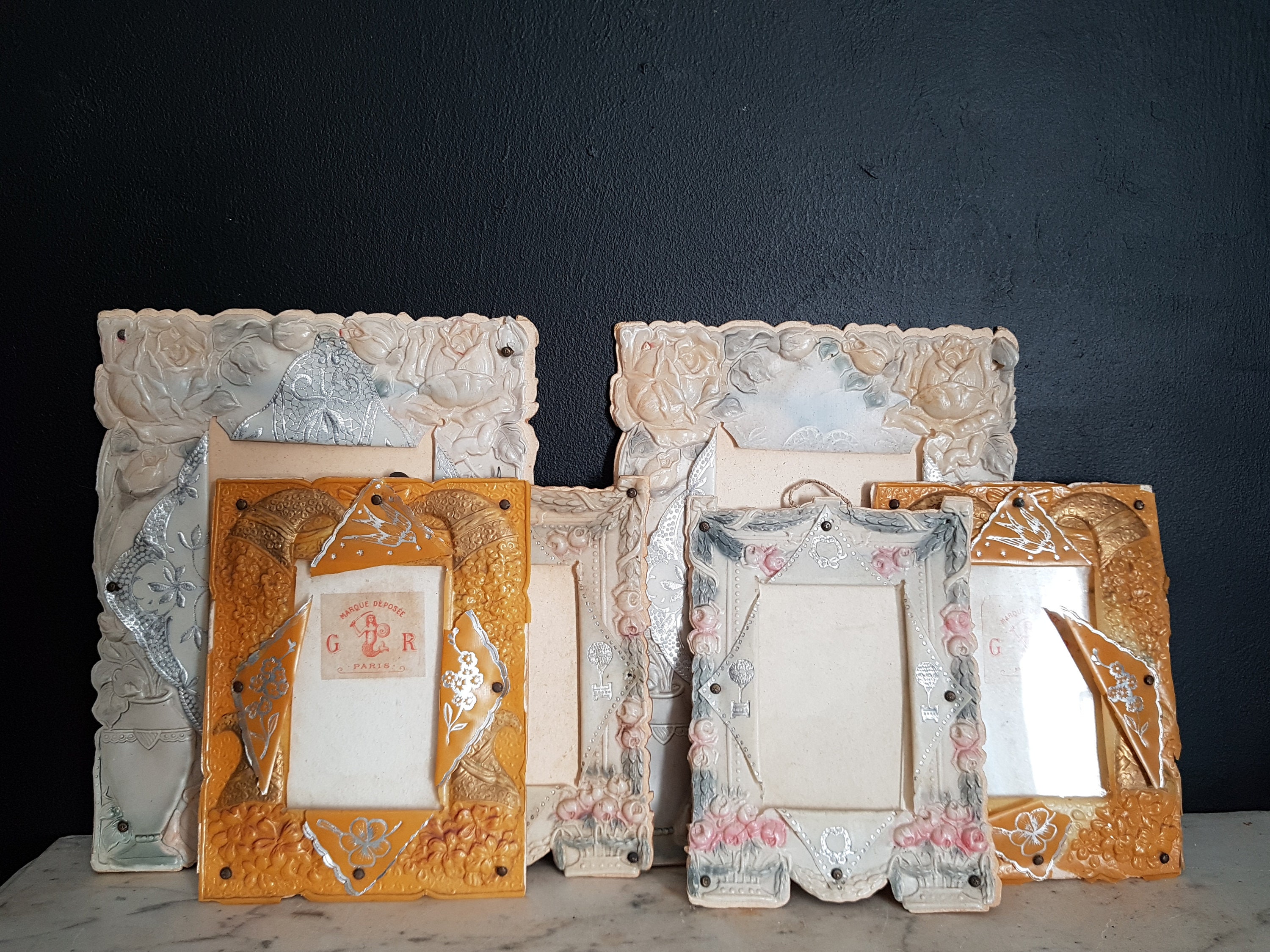 Cadres en Celluloïd Antiques. Lot de 6 Cadres Photo Vintage. Motif Floral