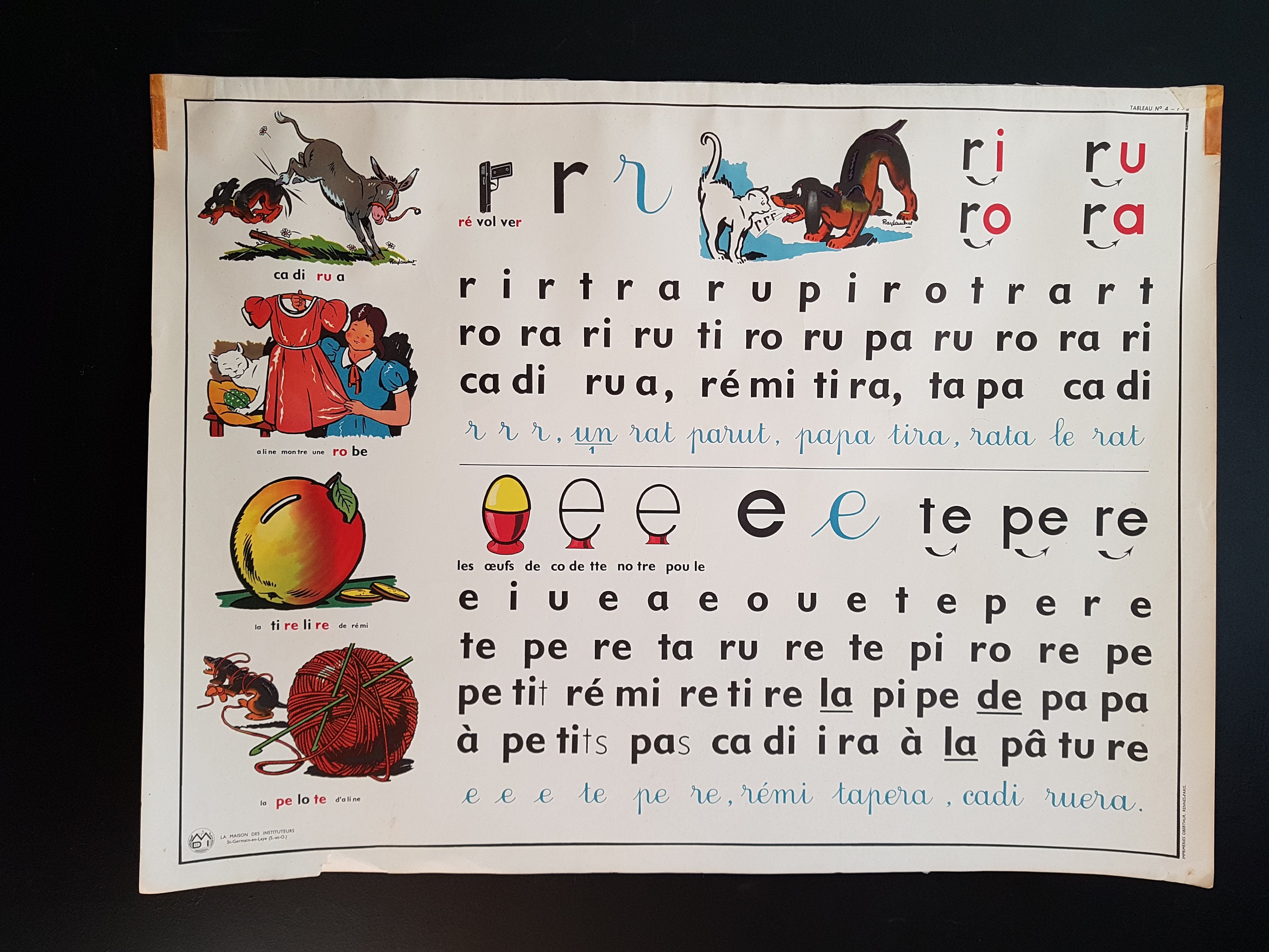 Affiche Vintage Français École. Mdi. Tableau de Lecture. Illustrations Vintage