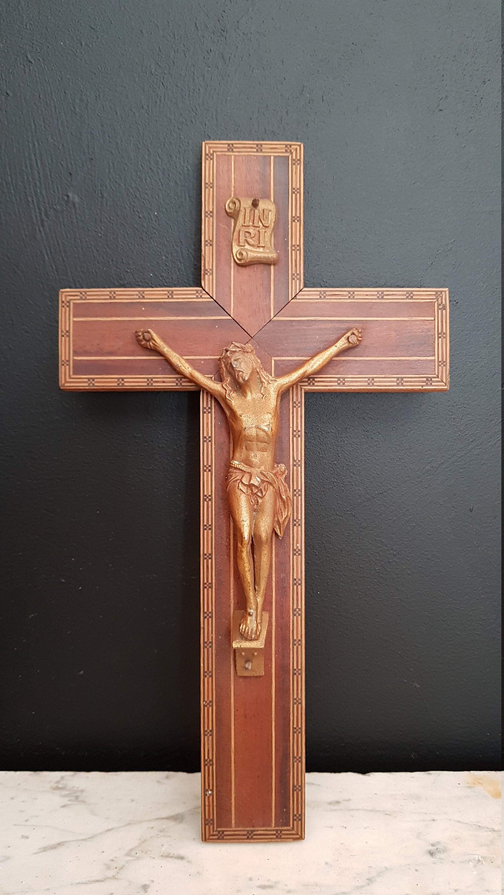 Français Crucifix Mural Antique. Croix Catholique Vintage.