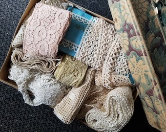 French antique box of lace ribbons and trims from Printemps, Paris department store.