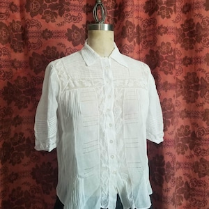 Antique French white cotton sheer blouse with short sleeves