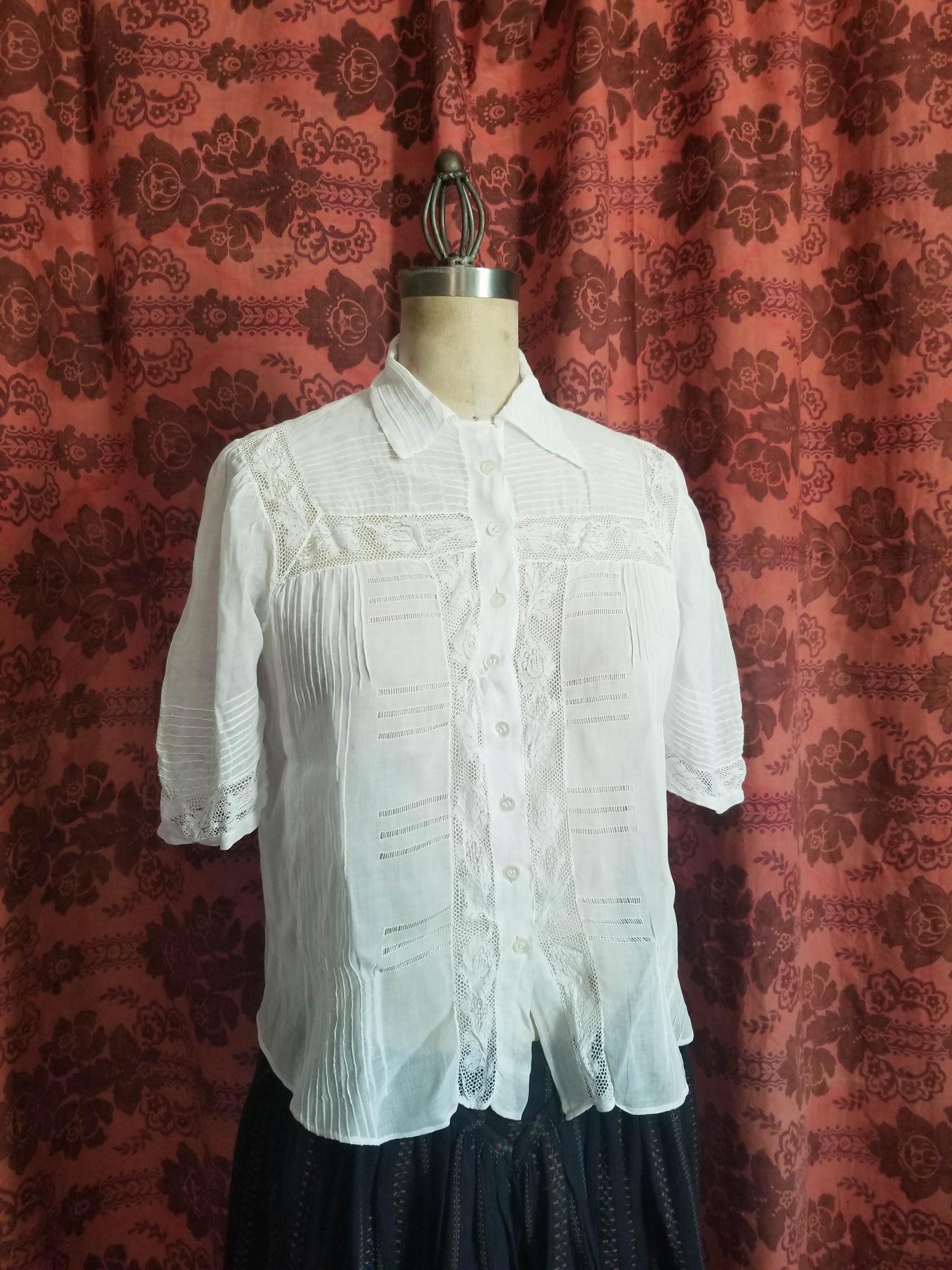 RESERVED Vintage French white cotton sheer blouse with short