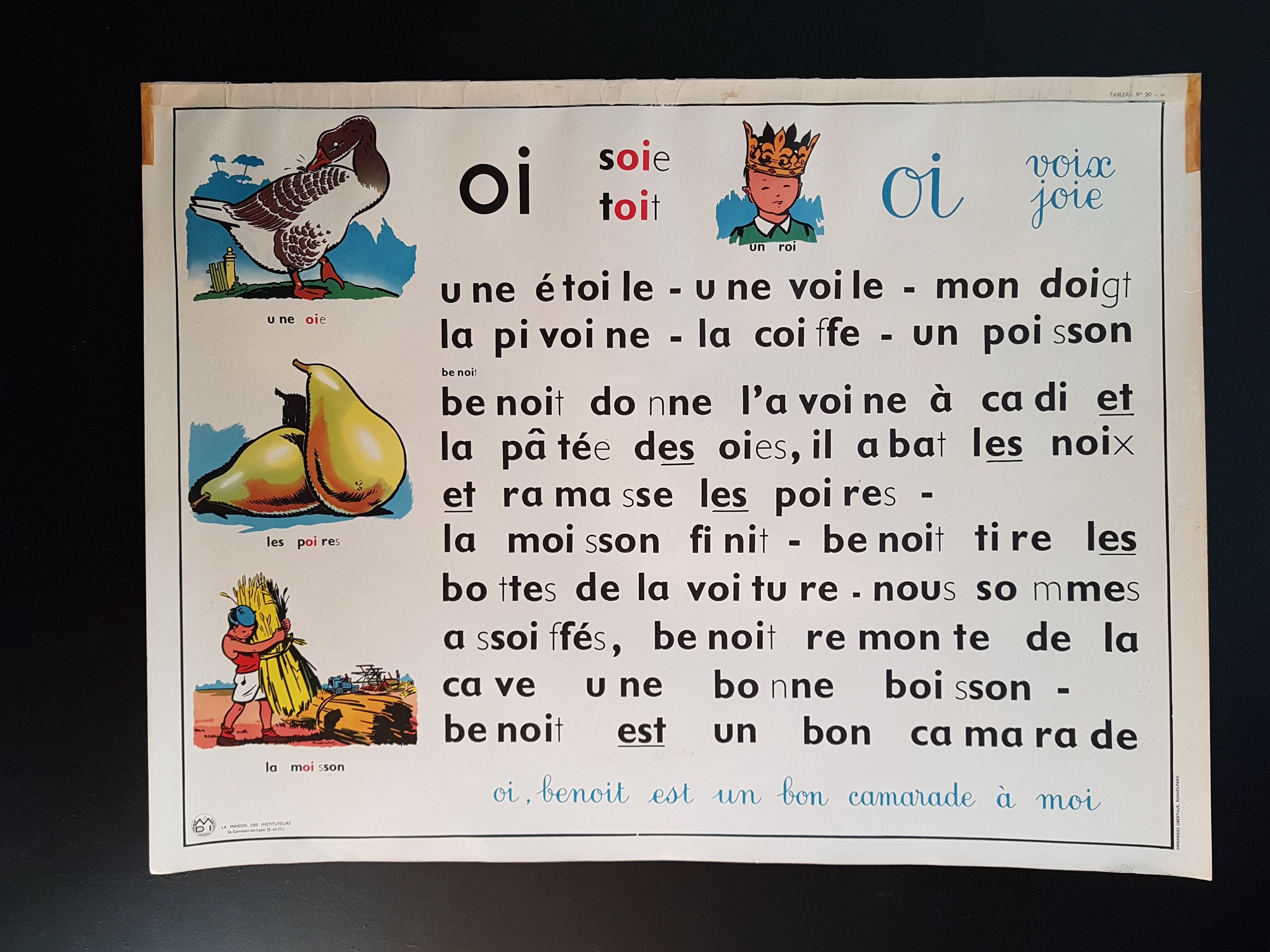 Affiche Vintage Français École. Mdi. Tableau de Lecture. Illustrations Vintage