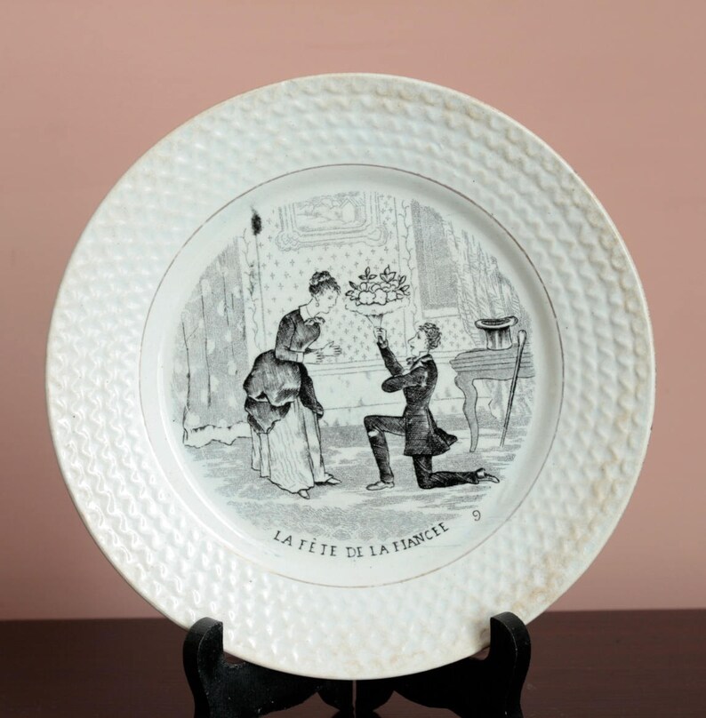 Engagement Transferware Fianc\u00e9e Faience Jemappes Belgium Antique plate wedding