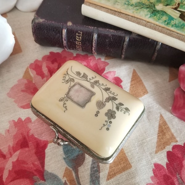 Antique French celluloid and silver money purse, wedding souvenir