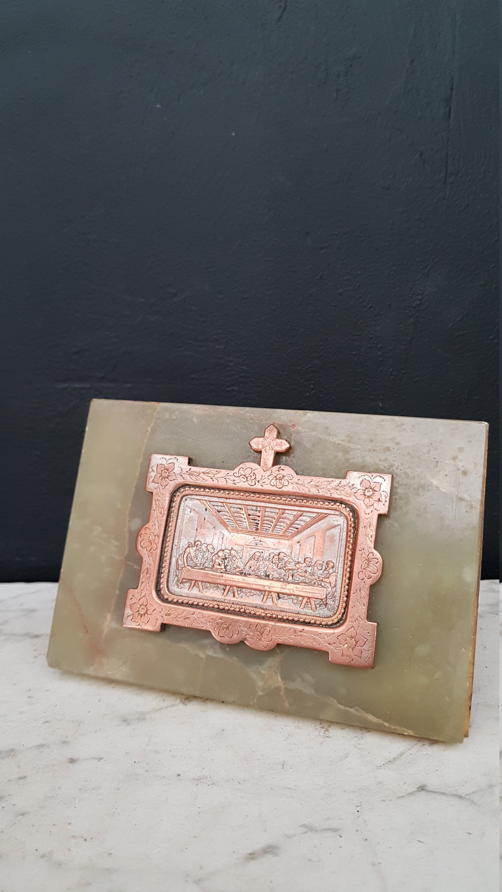 Antique Français Dernière Cène Décoration Ornement de Bureau en Cuivre Onyx Marbre Leonardo Da Vinci