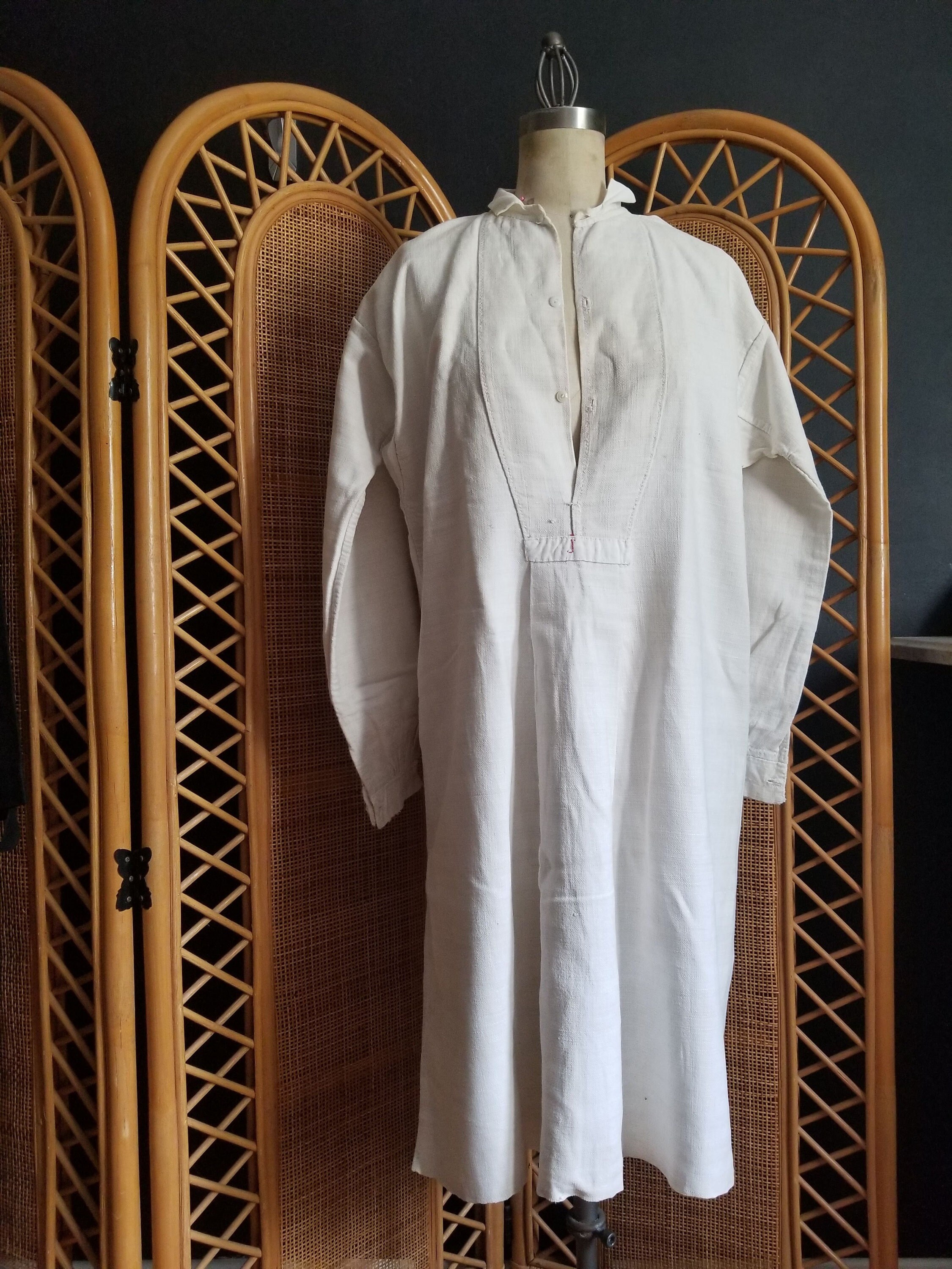 トップス 19th French Hemp Linen Farmer's Smock Antique French Thick Linen Smock, Long Work Shirt Early