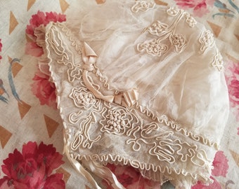 French antique baby embroidered christening bonnet.