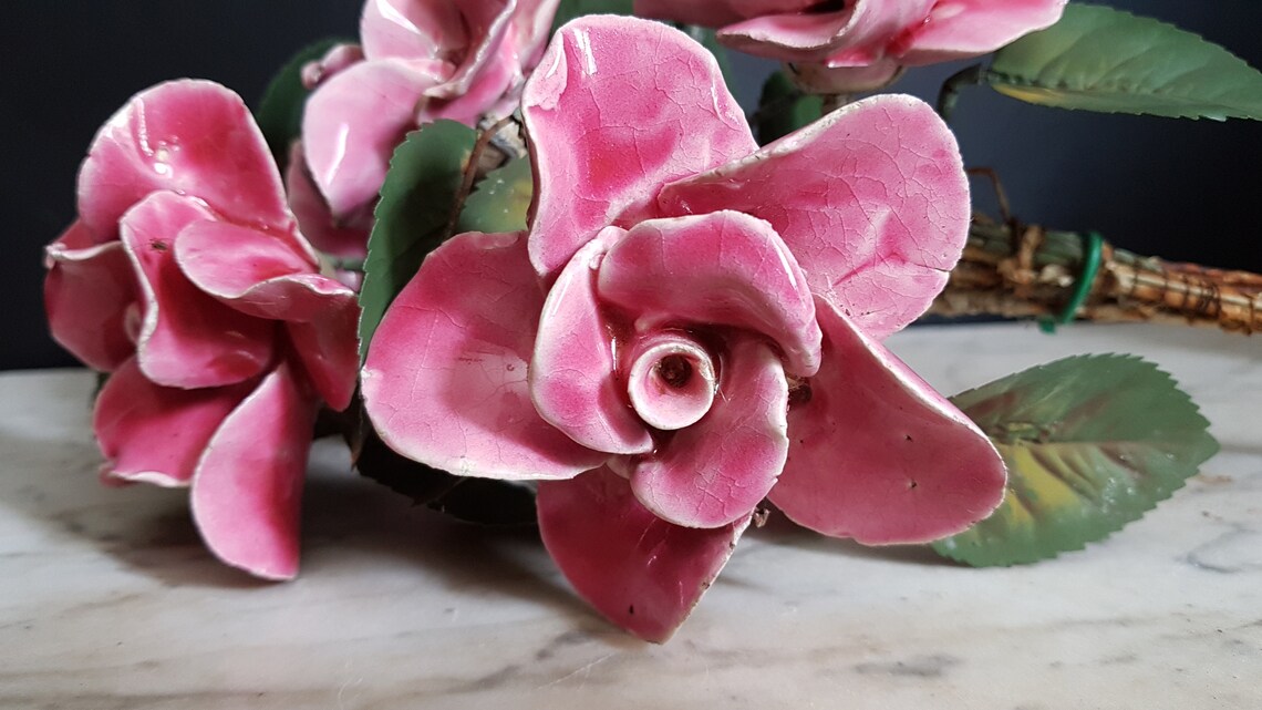 Bouquet antique de 6 roses en céramique pour le cimetière. Etsy