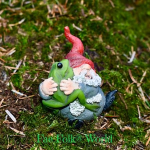 Könnte beinhalten: Eine kleine Gnome-Figur mit roter Mütze und weißem Bart hält eine grüne Froschfigur. Der Gnome und der Frosch sitzen auf einem Bett aus grünem Moos.
