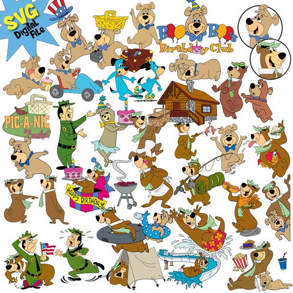 Digital - Yogi Bear Bundle of 34 SVGs Birthday, Picnic, 4th of July, BBQ, Waterpark, Camping