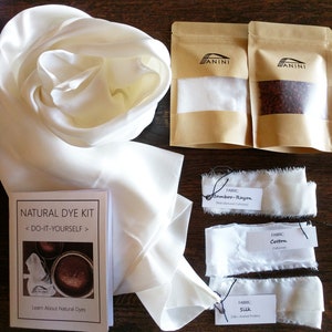 May include: Natural dye kit with instructions, dye, and fabric swatches. The kit includes bamboo-rayon, cotton, and silk fabric swatches.