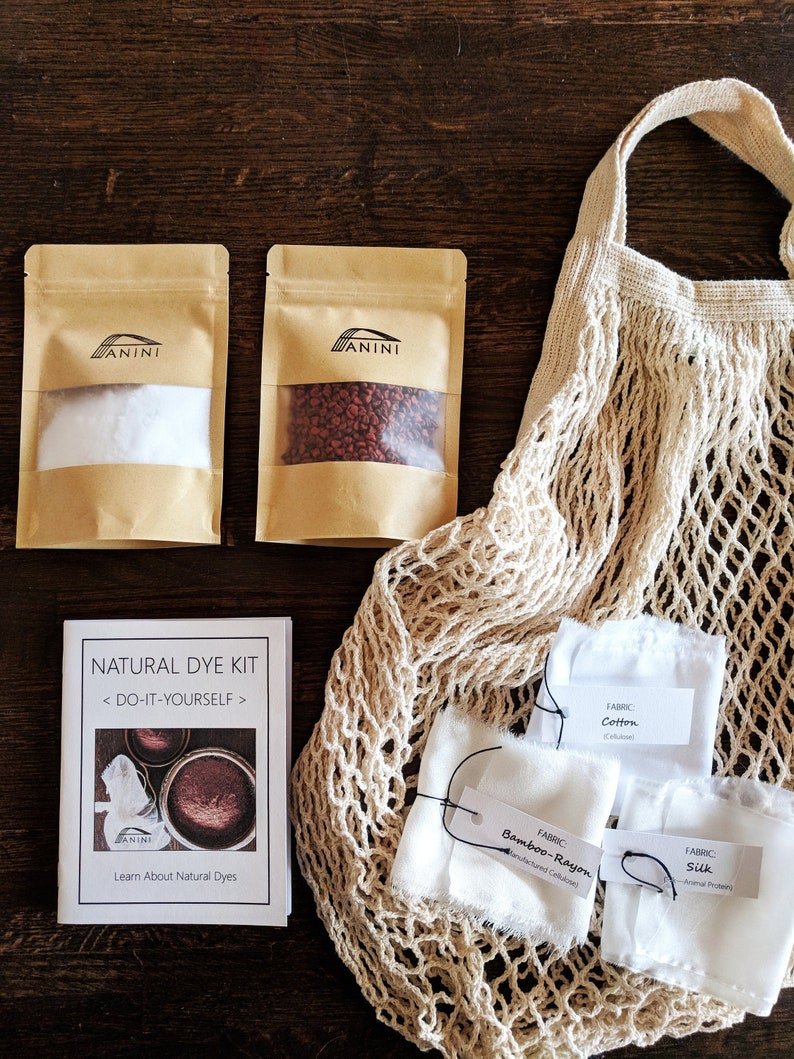 DYE-YOUR-OWN Cotton Farmer Market Bag Tote Learn to Natural Dye Intro Kit Annatto,Cutch,Cochineal,Henna,Madder,Osage,Sandalwood-Diy craft image 1
