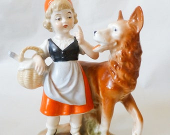 Antique Fairy tale figurine,German porcelain  figurine,Little Red Riding Hood and the wolf,Fairy tale character