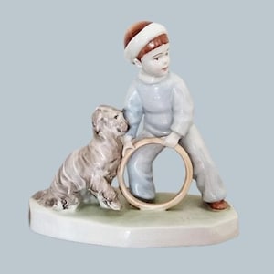Antique Zsolnay  porcelain  figurine,little boy w.dog,Hungarian porcelain