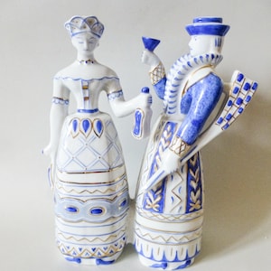 Large,Vintage Hungarian,Hollohaza blue and white porcelain figurine,girl with hunter FREE SHIPPING