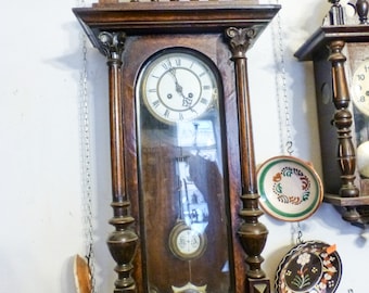 Antique German pendulum wall clock,working Biedermeier wind-up clock