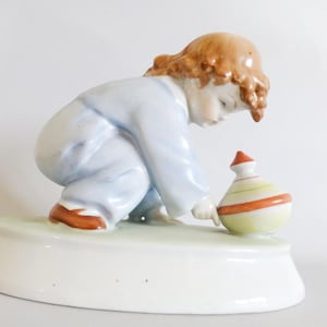 Vintage Zsolnay porcelain child w.spinning top,playing little boy FREE SHIPPING