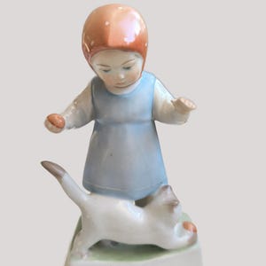 Vintage Zsolnay Porcelain Figurine: little girl playing with cat