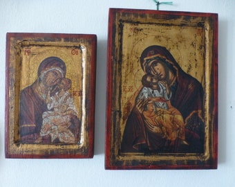 Couple of Antique Madonna w. Child Painted Wood Orthodox Christian Icon Religious item