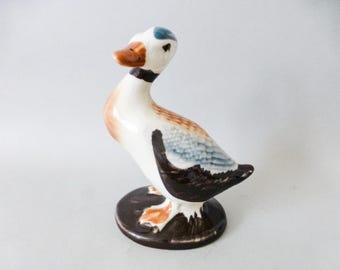 Statuina vintage di anatra mandarina in porcellana dipinta a mano