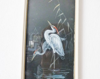 Mid-century bird art,pastel chalk drawing of herons ,glassed frame FREE SHIPPING+ Gift Jewelry