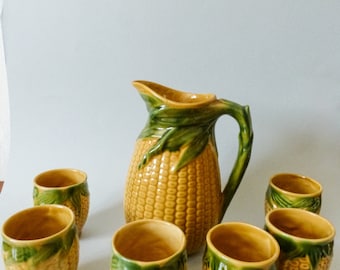 Vintage pottery wine cups and jug, corn shaped mugs,drinking set vintage drinkware FREE SHIPPING