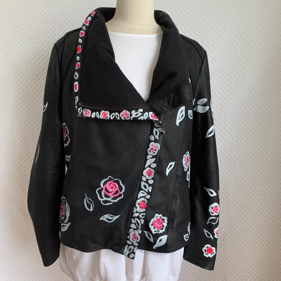 Leather Jacket Hand Painted Elie Tahari Size L Leather Jacket Hand Painted Elie Tahari