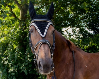 Auricolare strass modello lungo nero, cappuccio da mosca nero lungo, auricolare nero glitter, berretto da mosca cavallo, berretto da mosca modello lungo pony, earnet