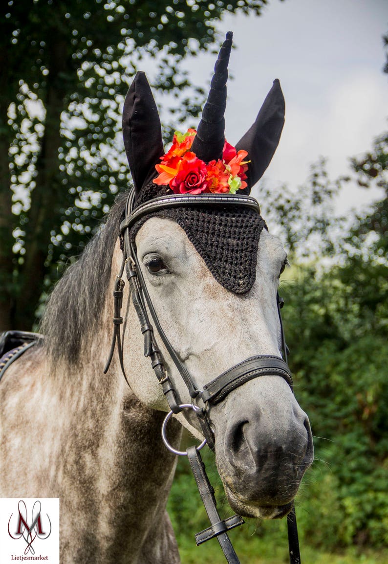 unicorn horn red fly bonnet horse black unicorn fly bonnet velvet pony costume flybonnet gothic halloween fly veil unicorn horn