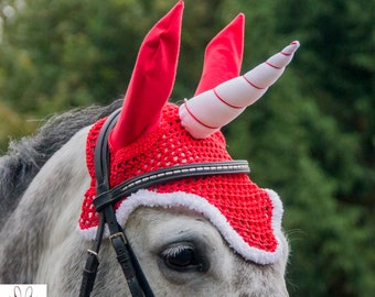 Christmas unicorn horse fly bonnet, Christmas outfit, x - mass unicorn, red white Christmas fly veil, red unicorn costume horse Christmas