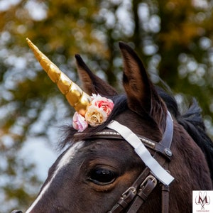 Gold unicorn horn for horse, flower unicorn horn pony, fantasy unicorn golden, support brooke hospital charity unicorn, gift for her