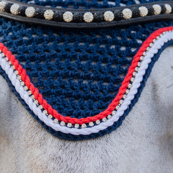 navy blue fly bonnet strass whit and red trim, horse fly bonnet blue, fly veil blue, classic fly bonnet, dressage horse equine gift for her