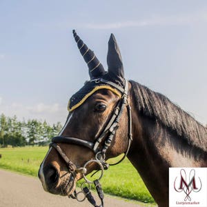 Black unicorn fly bonnet, ear bonnet black, gold black fly veil, gift for her, birthday party equestrian, wedding unicorn, unicorn present