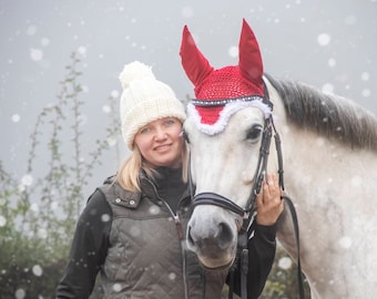 Christmas horse fly bonnet, Christmas outfit, x - mass holiday, red white Christmas fly veil, dressed up costume horse Christmas