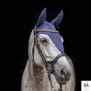 long glitter fly bonnet, navy fly bonnet, long model fly veil, horse veil , pony fly veil, dark blue long bonnet, soundless fly bonnet blue