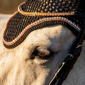 fly bonnet black double row rose gold strass, horse fly bonnet with strass image 4